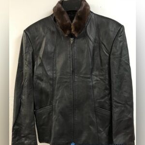 Vintage Real Mink Fur + Black Leather Bomber Style Jacket (Removable Collar)